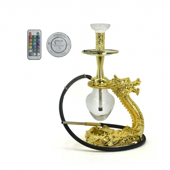 21″ Dragon Deign Single Hose Hookah, – Gold (LED SMSU-H001-A)